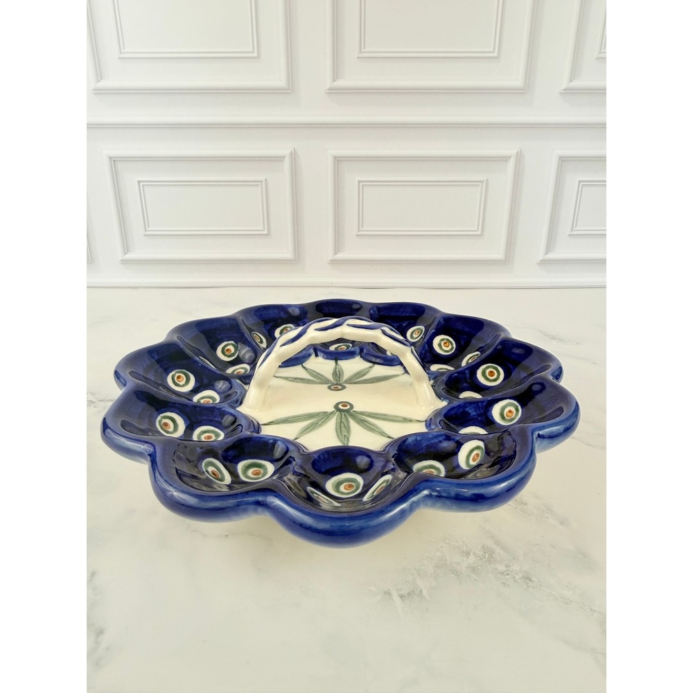VTG Blue Rose Polish Pottery Egg Plate with Handle Boleslawiec Peacock Design - Picture 3 of 7